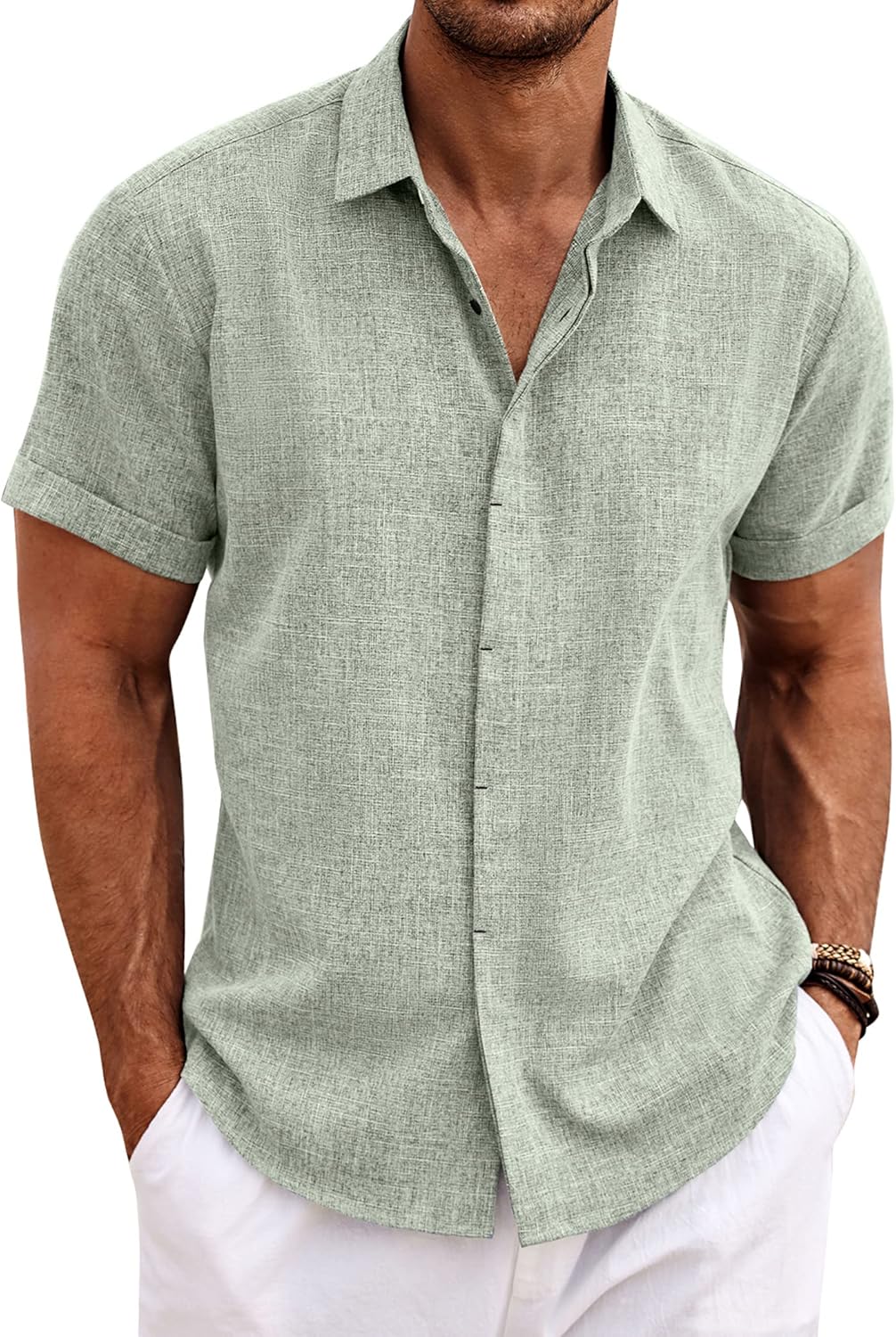 COOFANDY Men’s Casual Button Down Linen Shirt Long Sleeve Lightweight Beach Shirt – White
